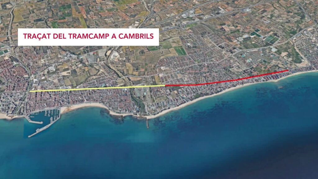 Mapa del traçat del Tramcamp a Cambrils, amb la línia vermella marcant on aniran les catenàries aèries