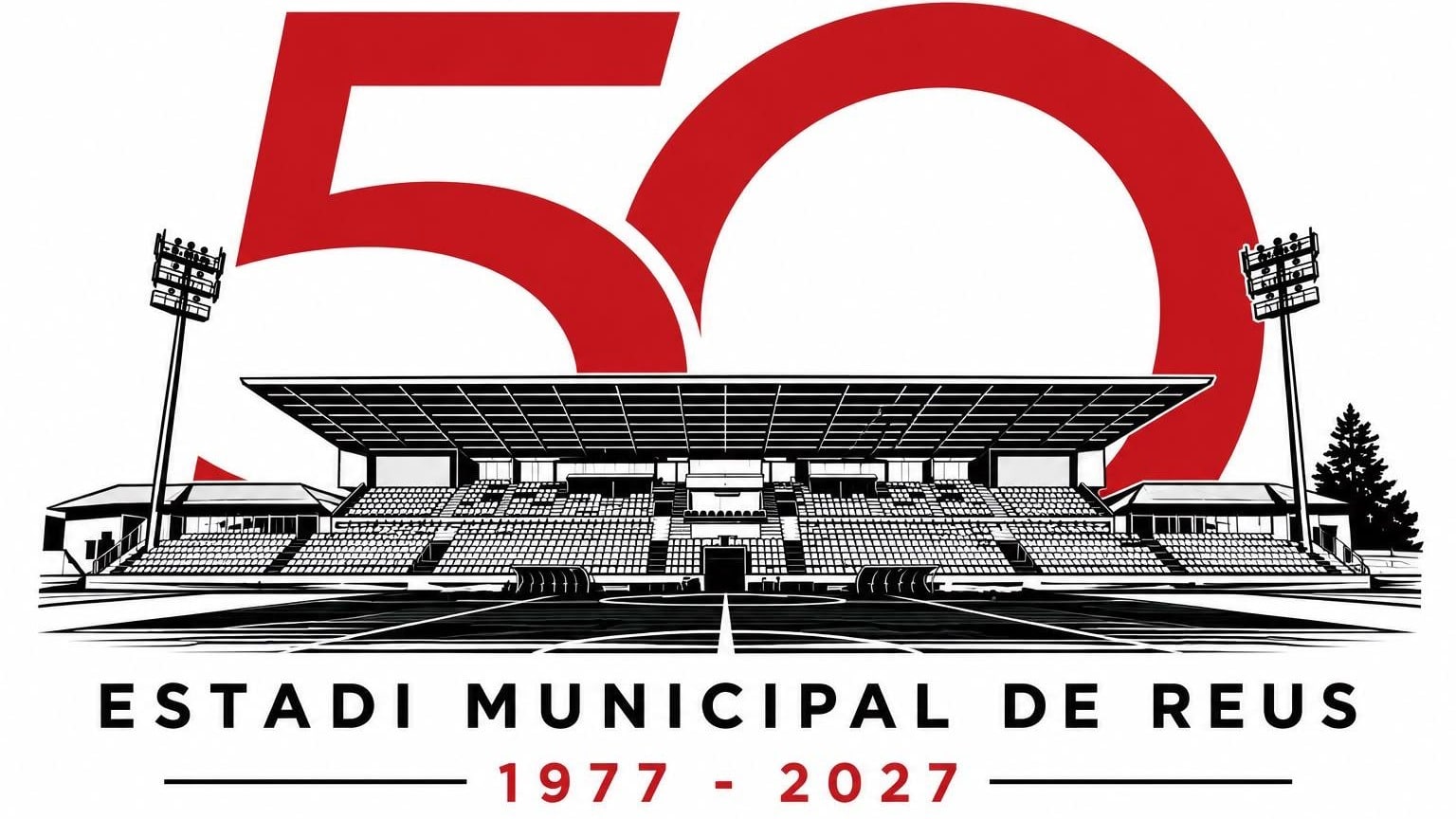 Logotip del 50è aniversari de l’Estadi Municipal de Reus, 1977-2027